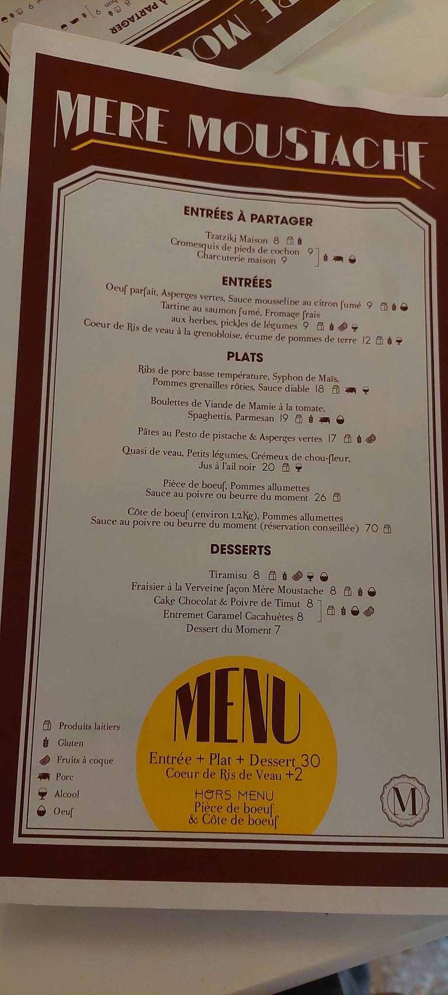 Menu au La Mère Moustache restaurant, ClermontFerrand