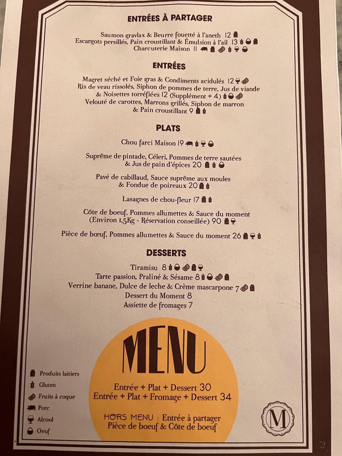 Menu au La Mère Moustache restaurant, ClermontFerrand
