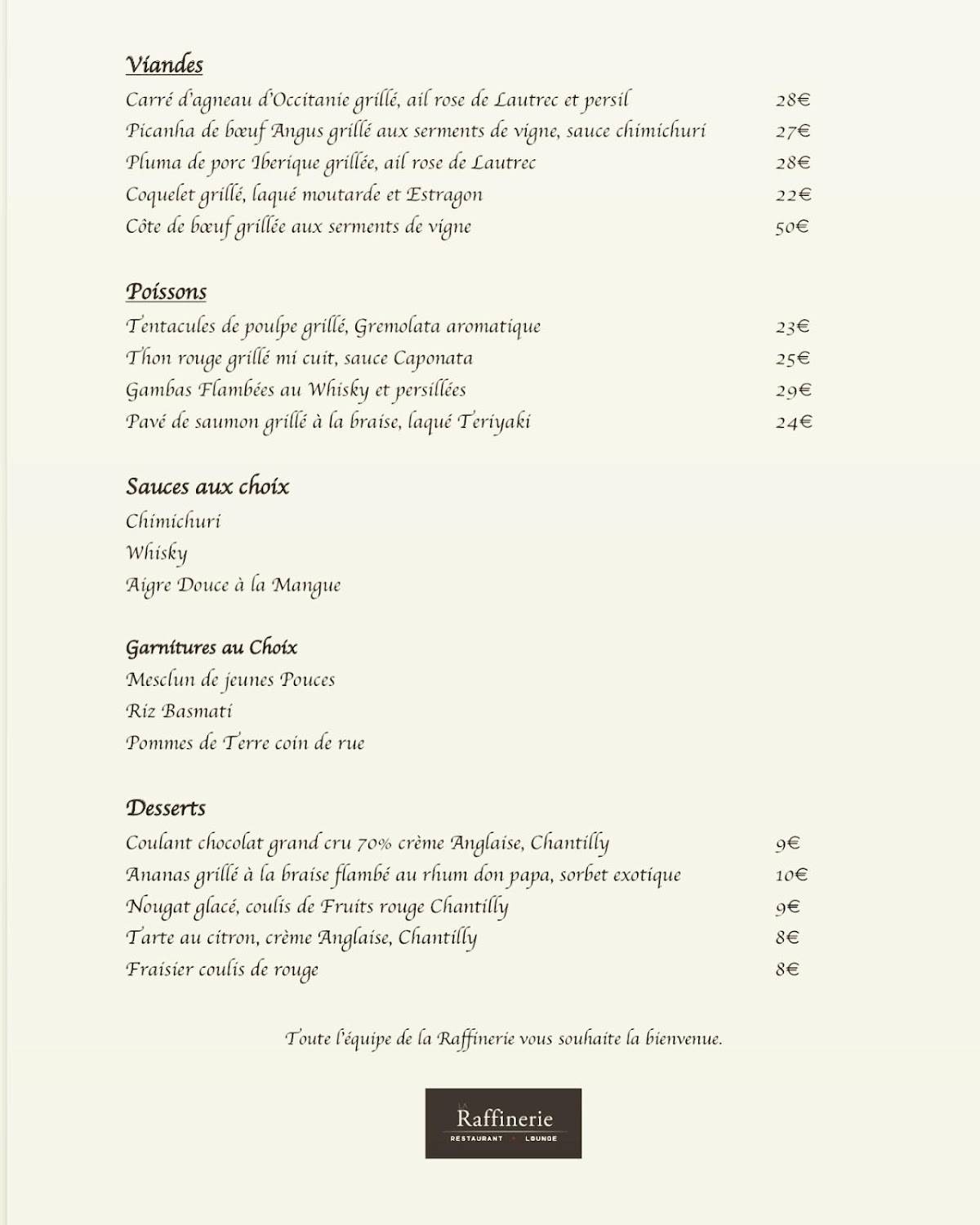 Menu de La Raffinerie