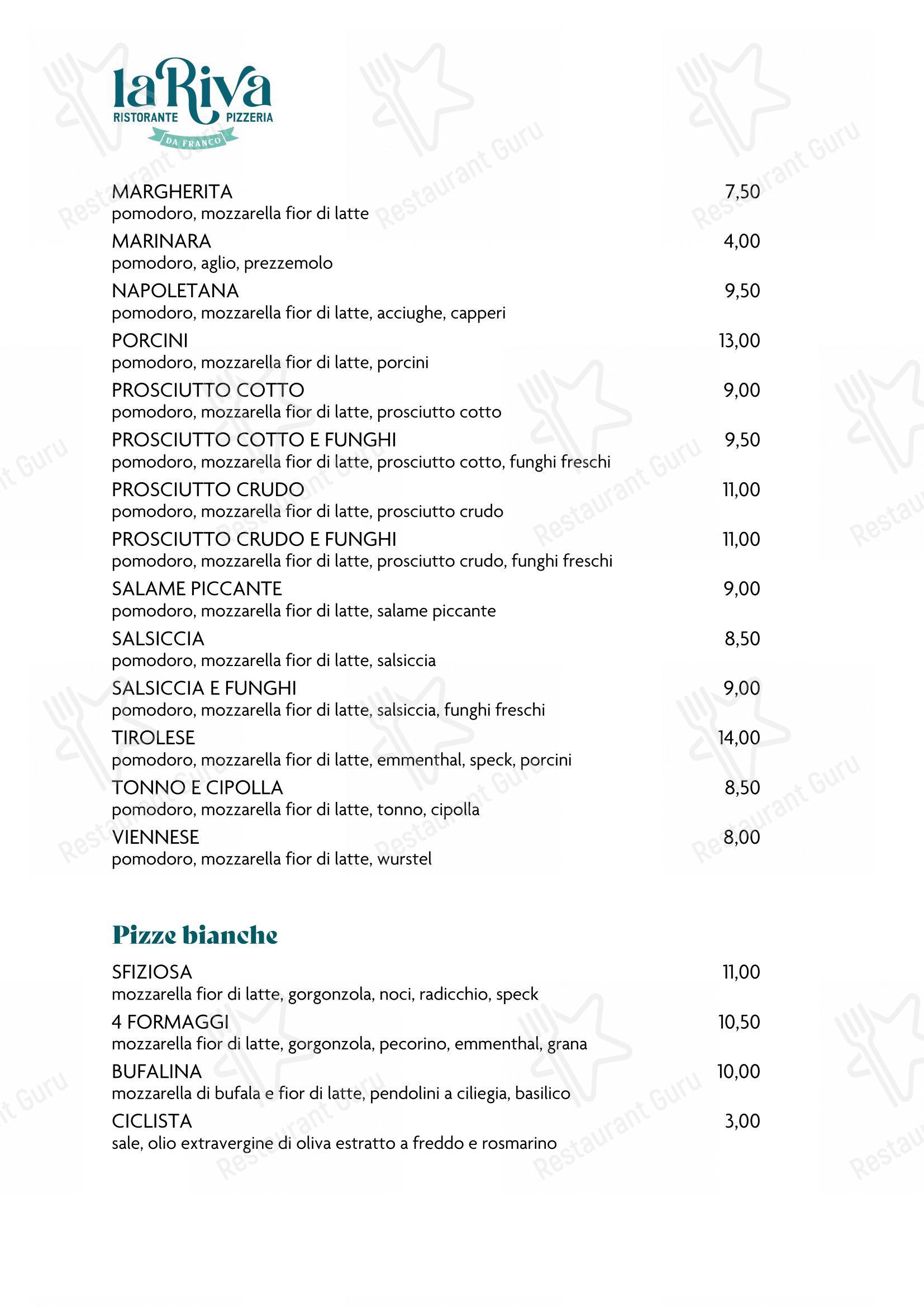 Menu bar per La Riva da Franco pizzeria