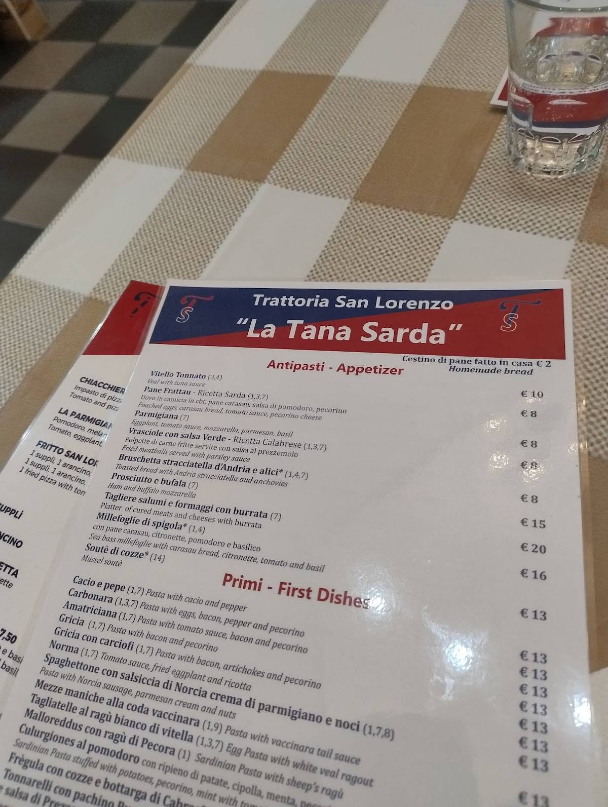 Menu di La Tana Sarda 