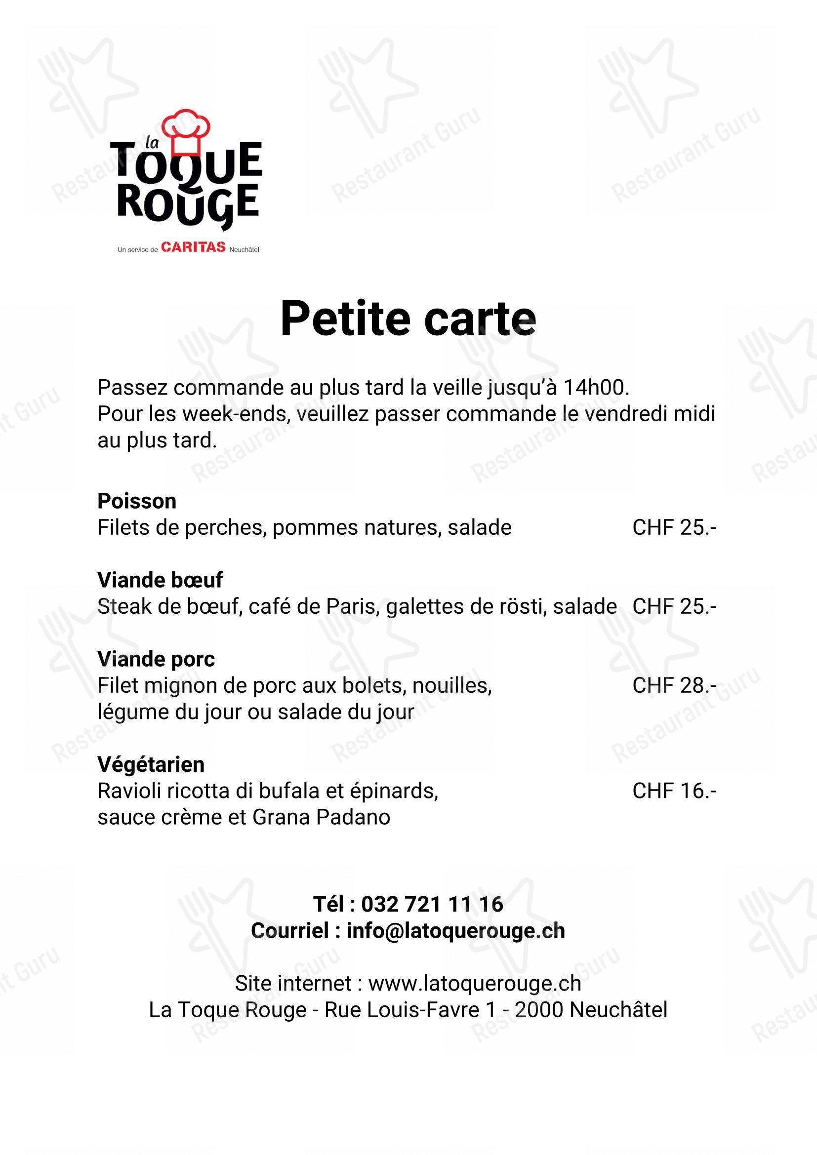 Menu per La Toque Rouge in Neuchâtel