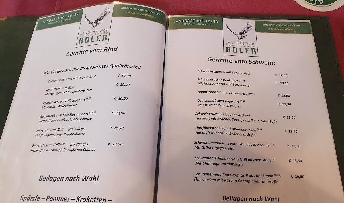 Speisekarte Von Landgasthof Adler Uwe Becht Restaurant Unterreichenbach