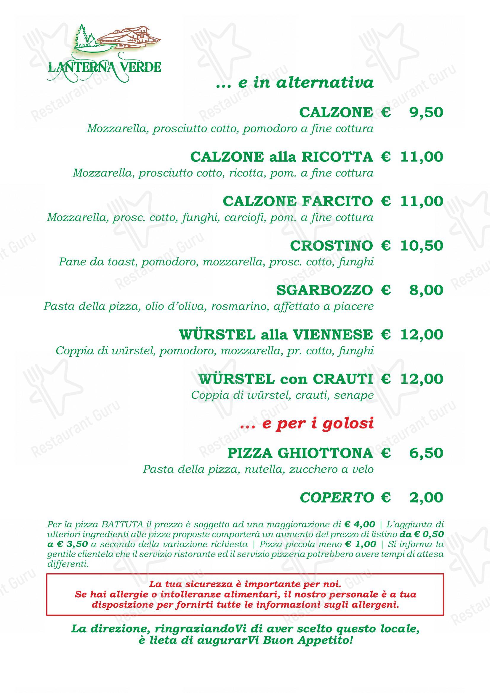 Menu per Lanterna Verde in Tonadico