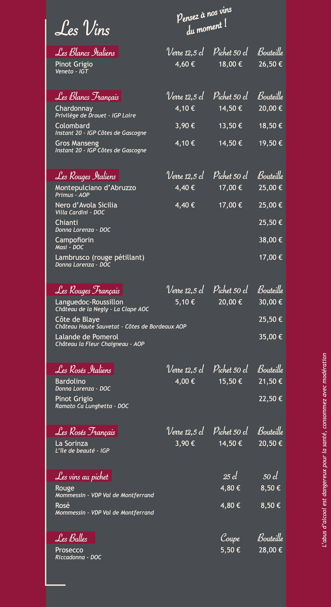 Menu de Le Cinquecento