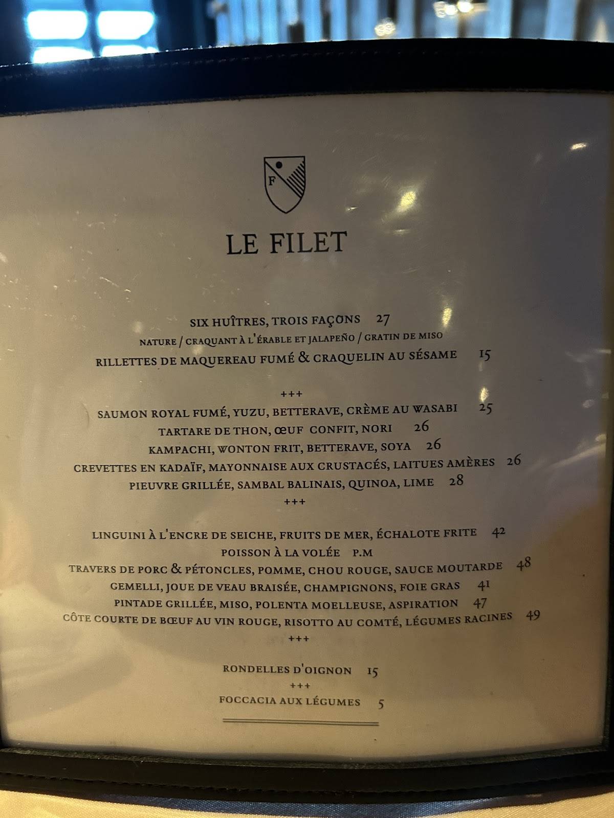 Menu de Le Filet