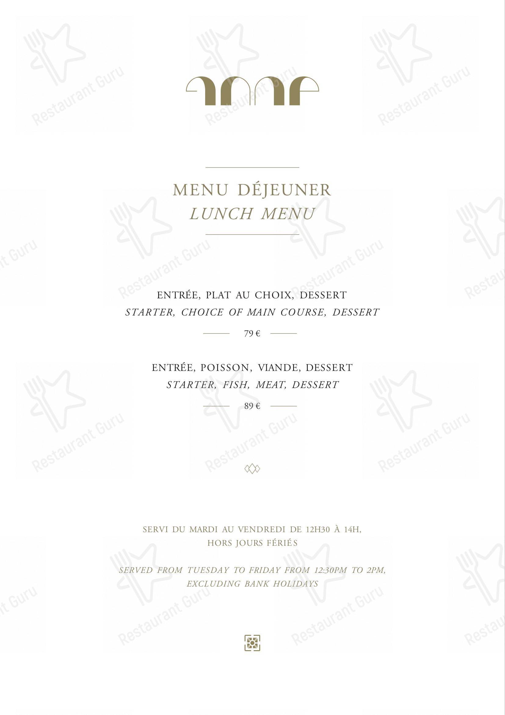 Lunch Menu pour Le Pavillon de la Reine dans Paris