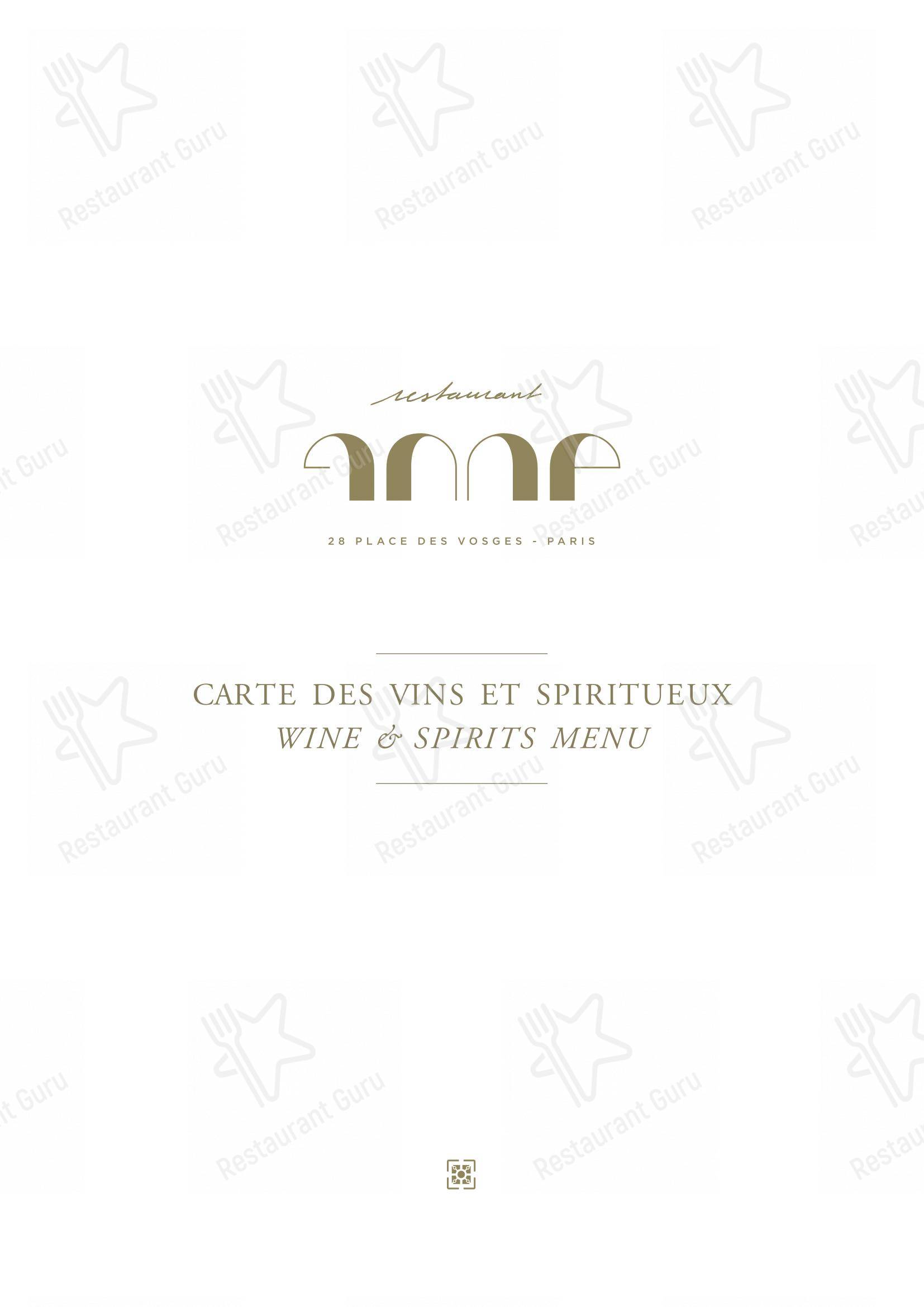 Dinner Menu pour Le Pavillon de la Reine dans Paris