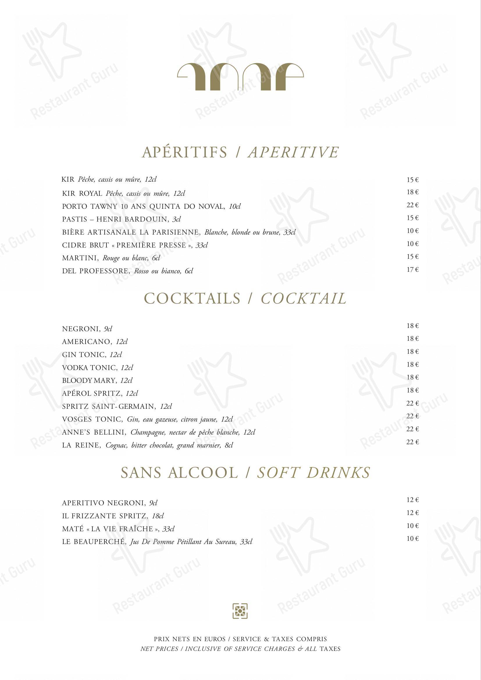 Menu pour Le Pavillon de la Reine - Dinner Menu