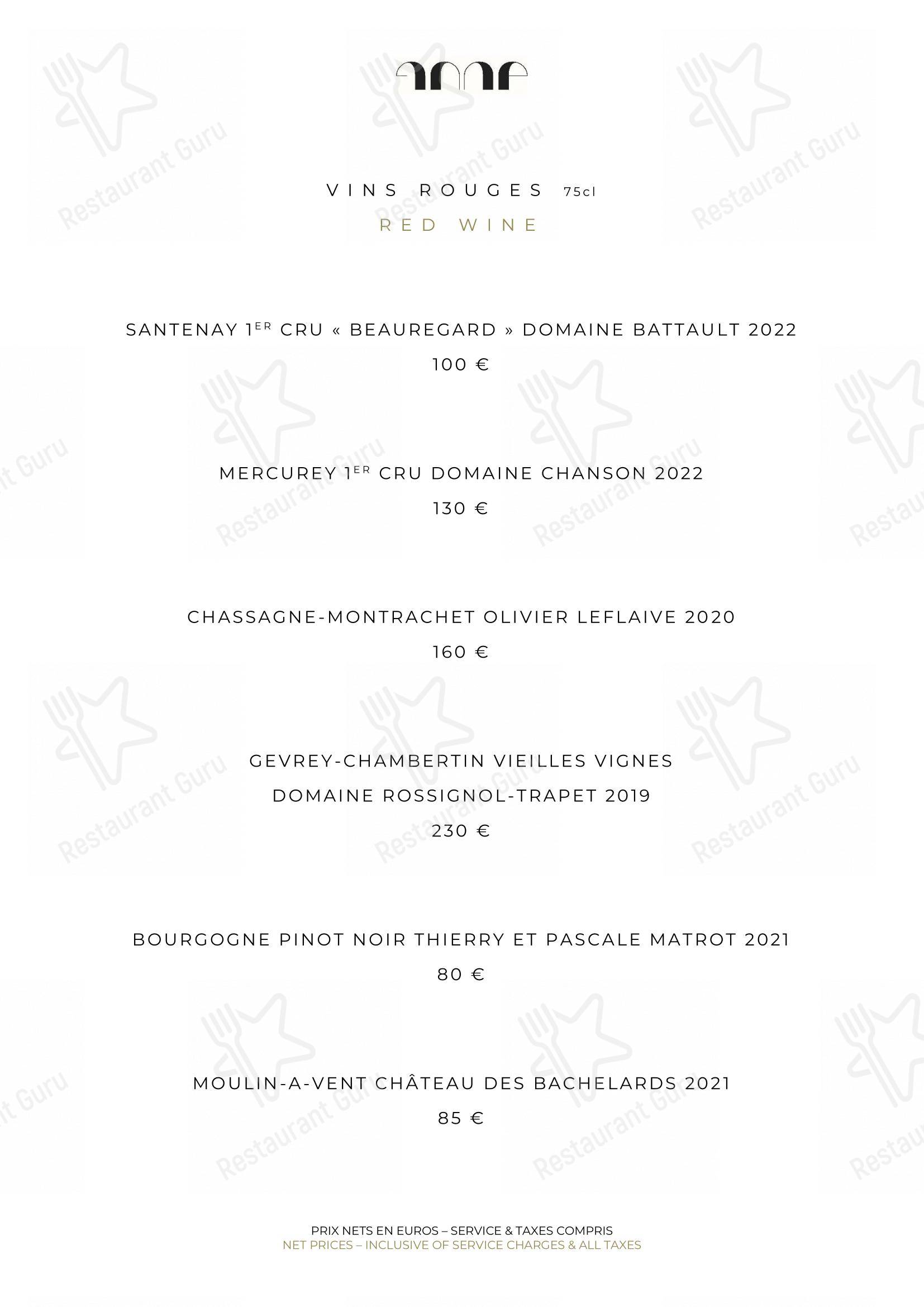 Dinner Menu pour Le Pavillon de la Reine restaurant