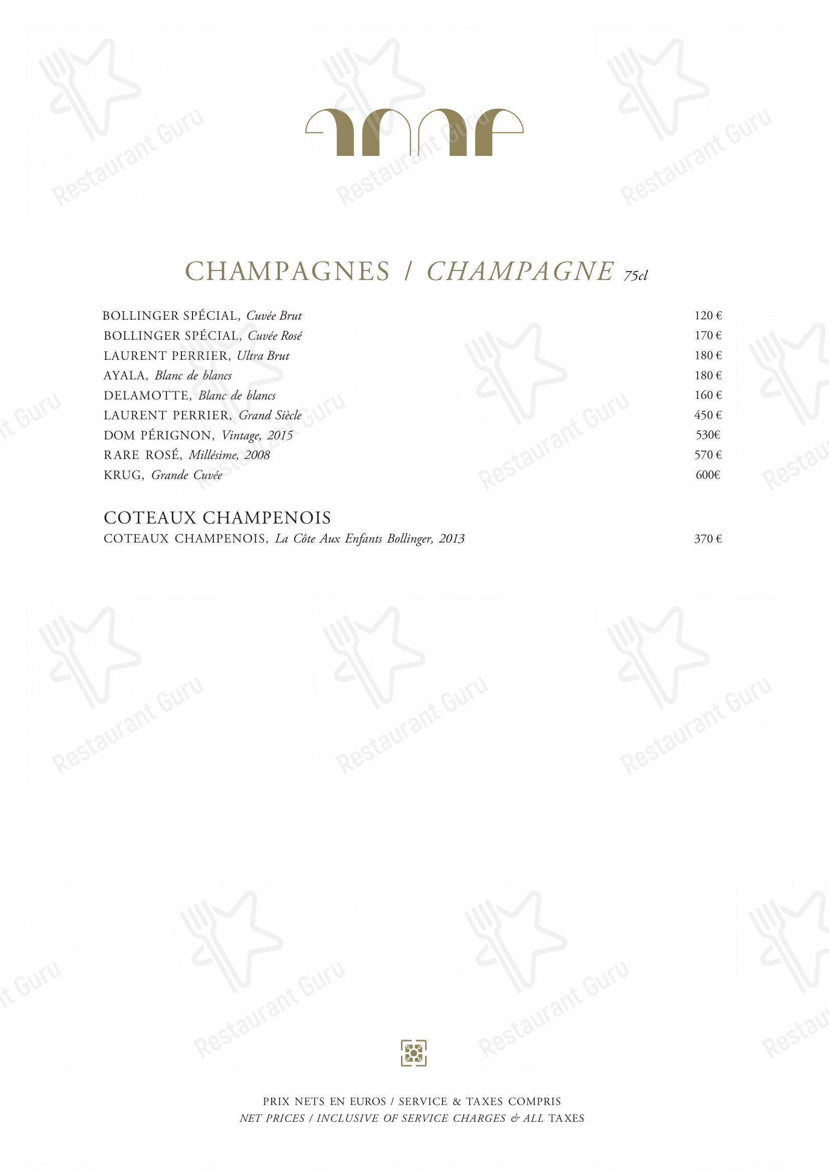 Dinner Menu pour Le Pavillon de la Reine dans Paris