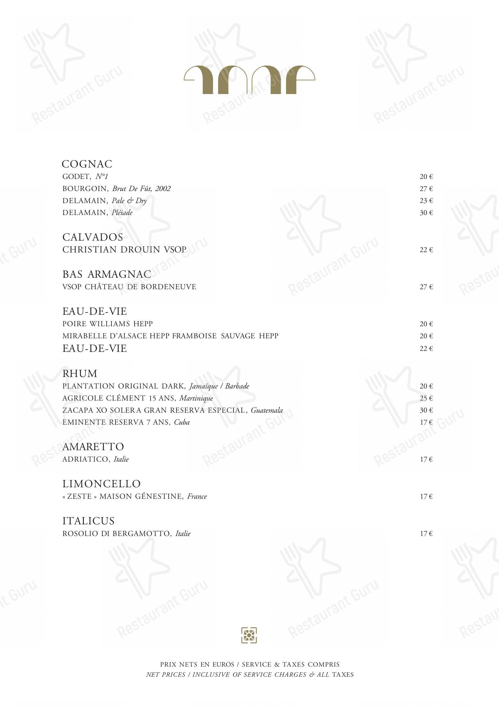 Dinner Menu pour Le Pavillon de la Reine dans Paris