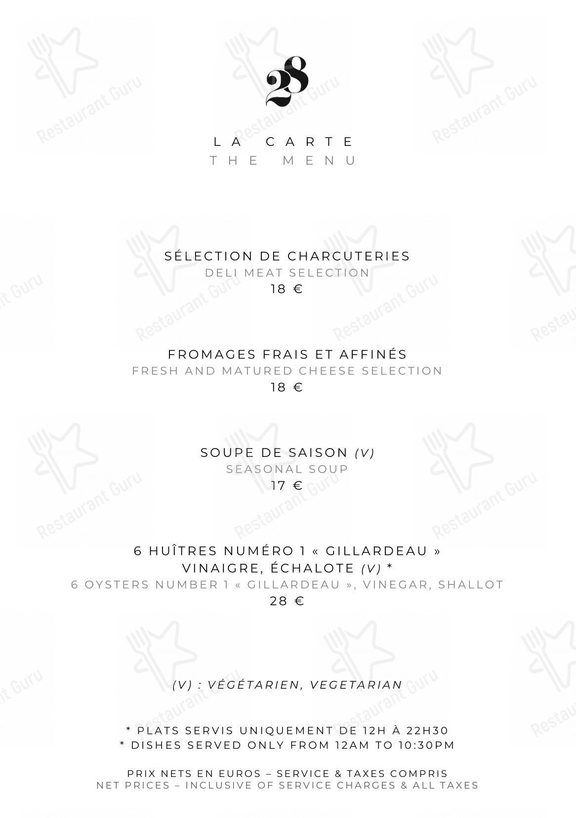 Menu pour Le Pavillon de la Reine dans Paris