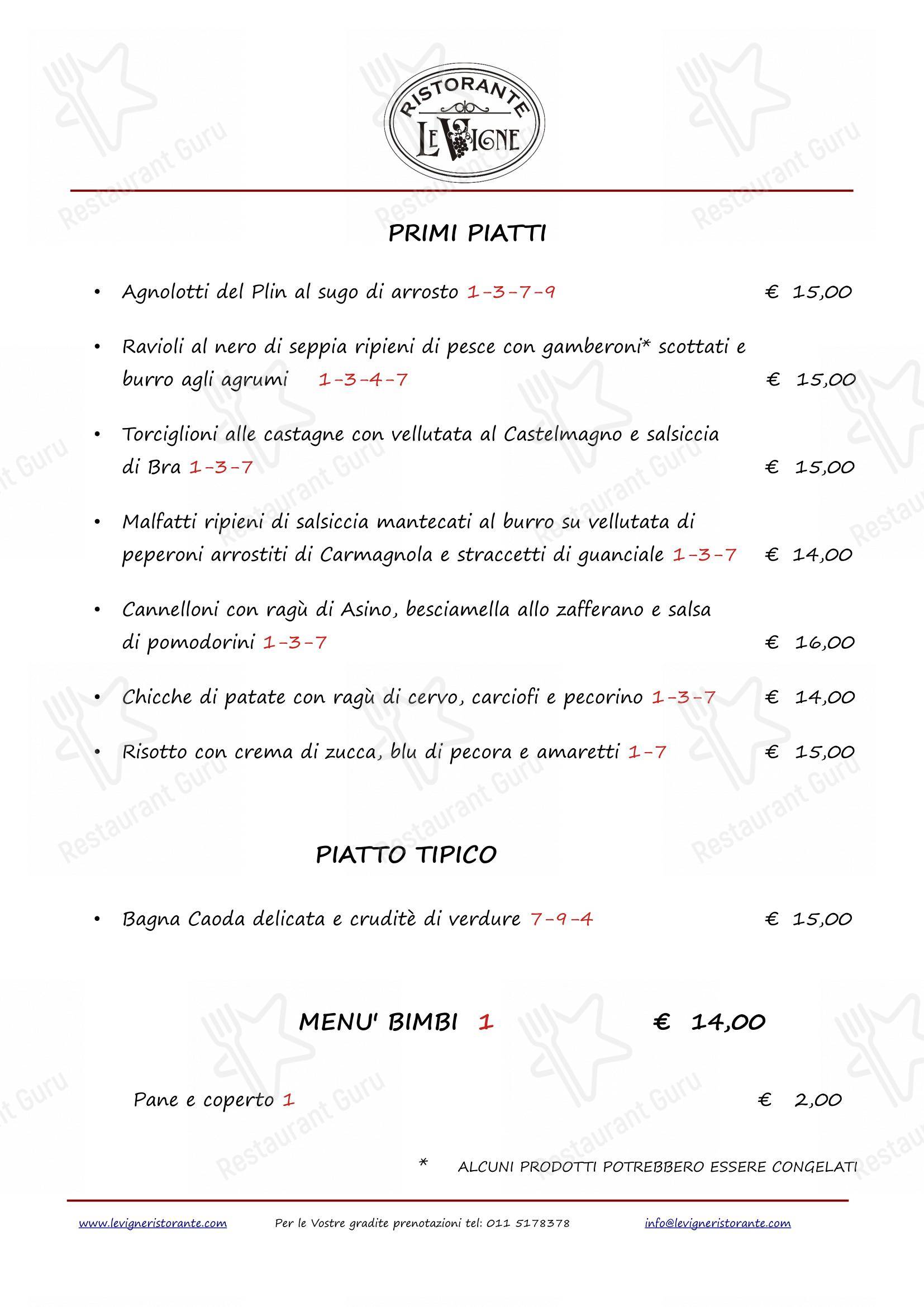 Menu per Le Vigne in Torino
