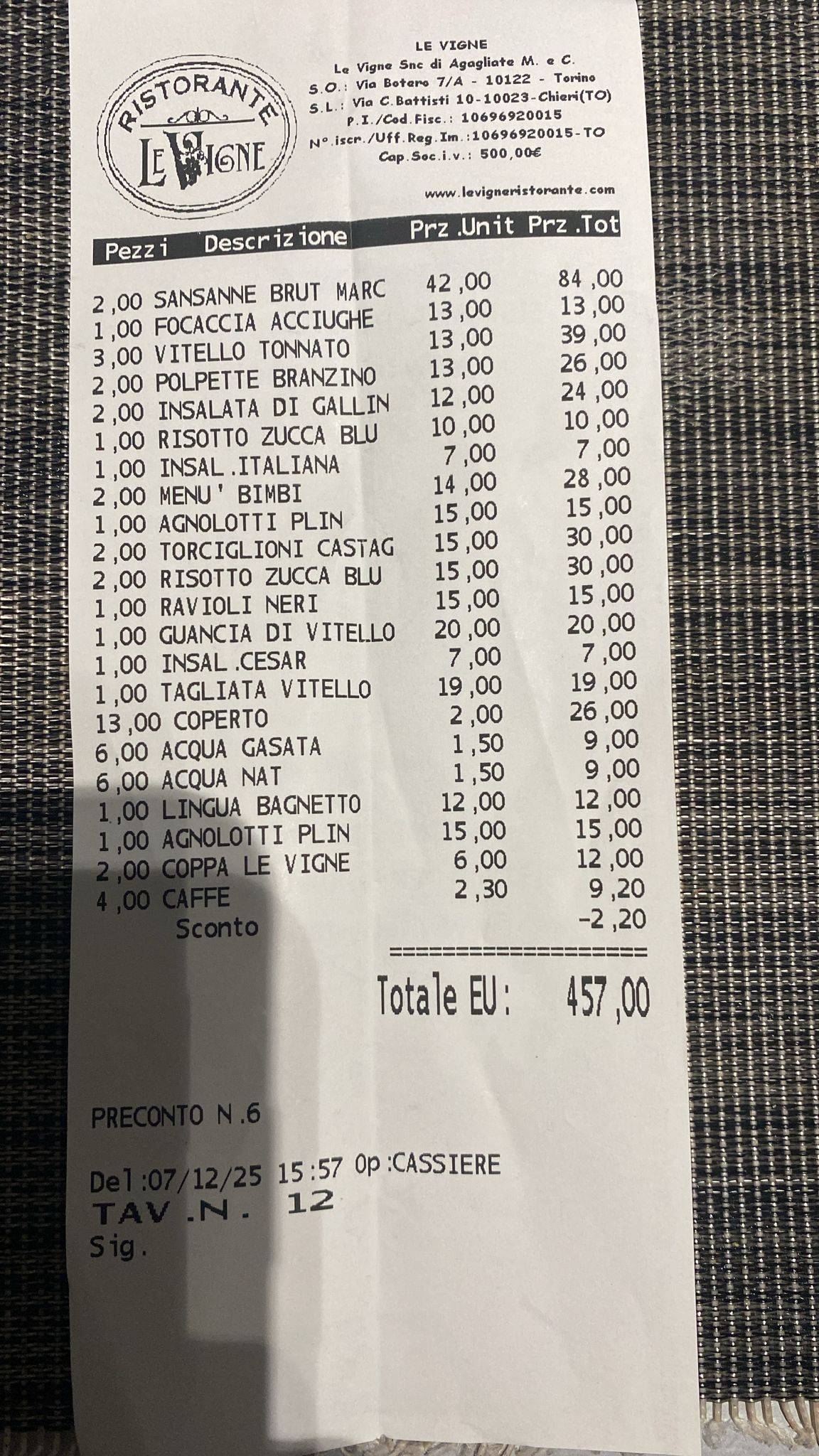 Menu di Le Vigne 