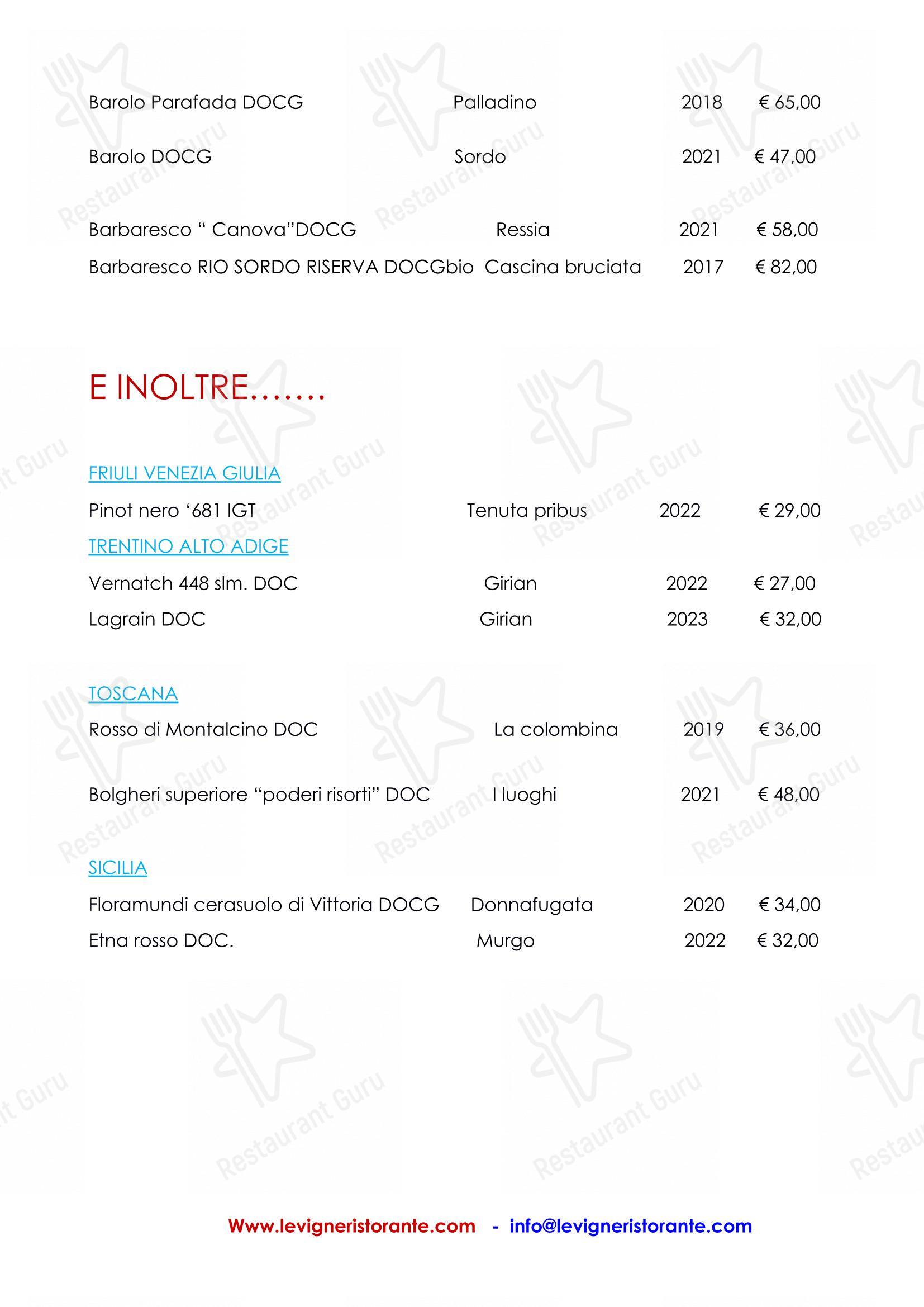 Menu di Le Vigne - Menu bar