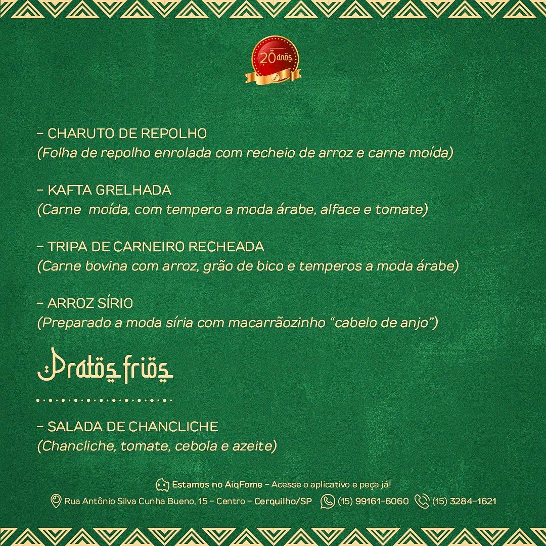 Lebanon Cozinha Árabe cardápio