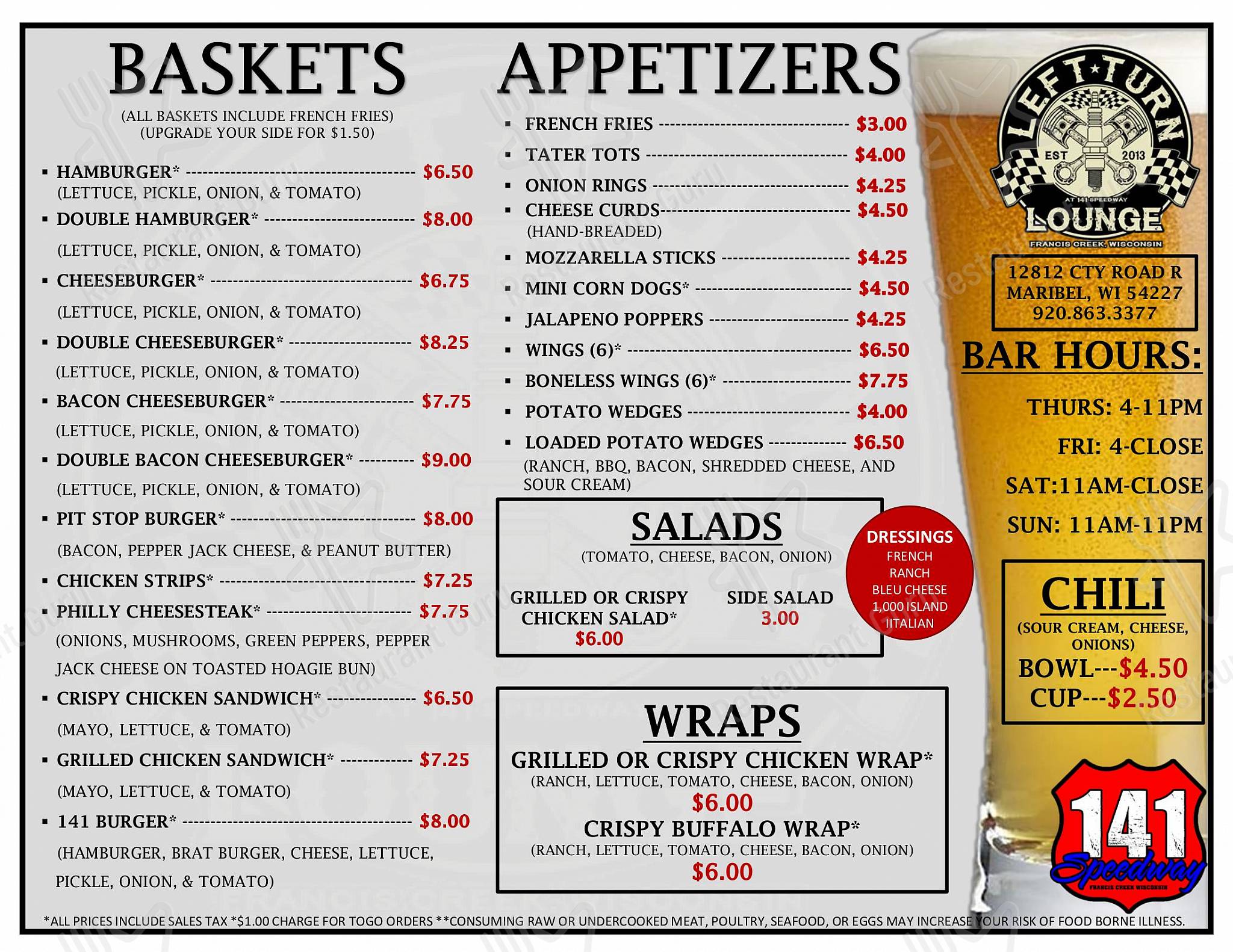 Menu at Left Turn Lounge restaurant, Maribel