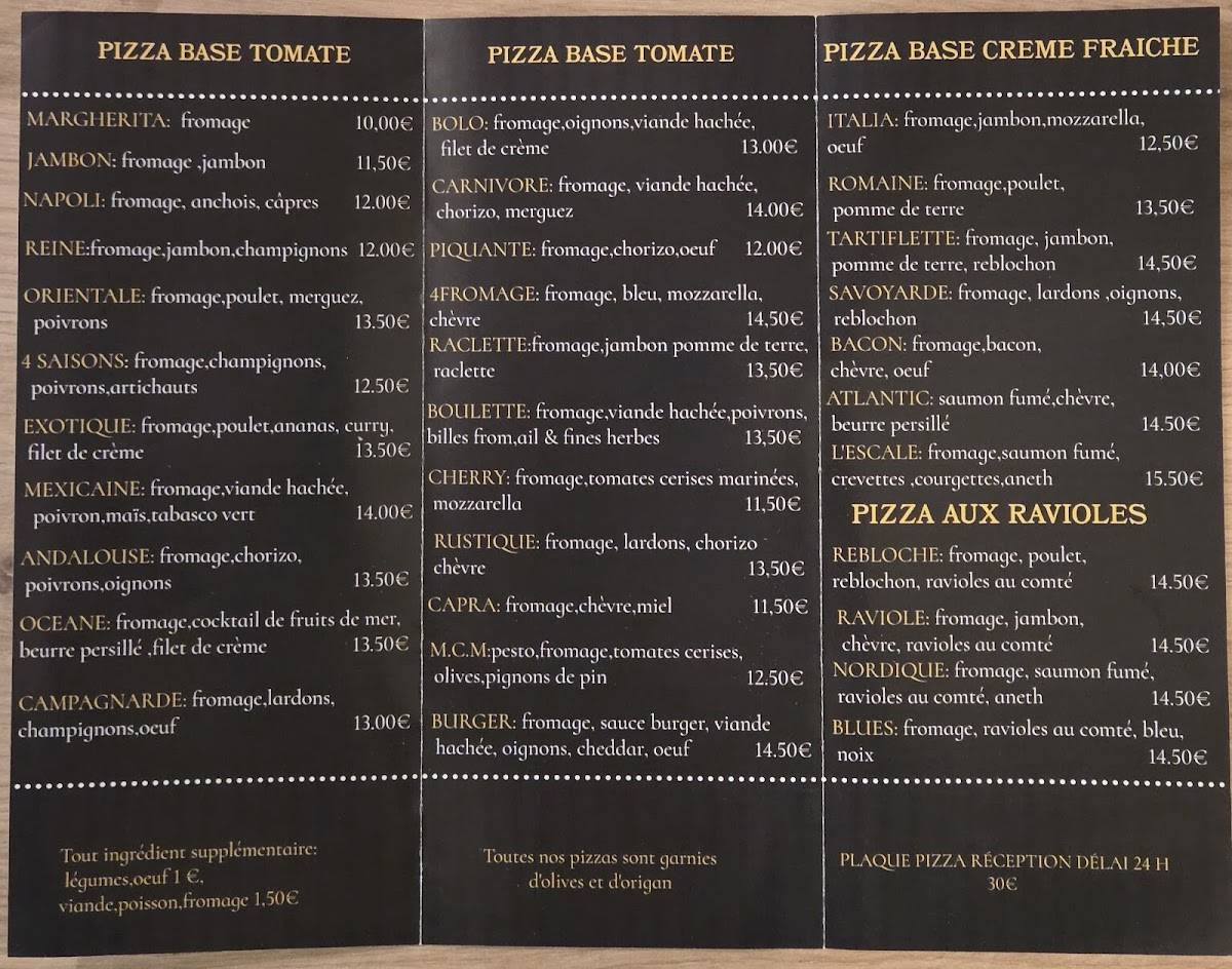 Menu de L'escale pizza