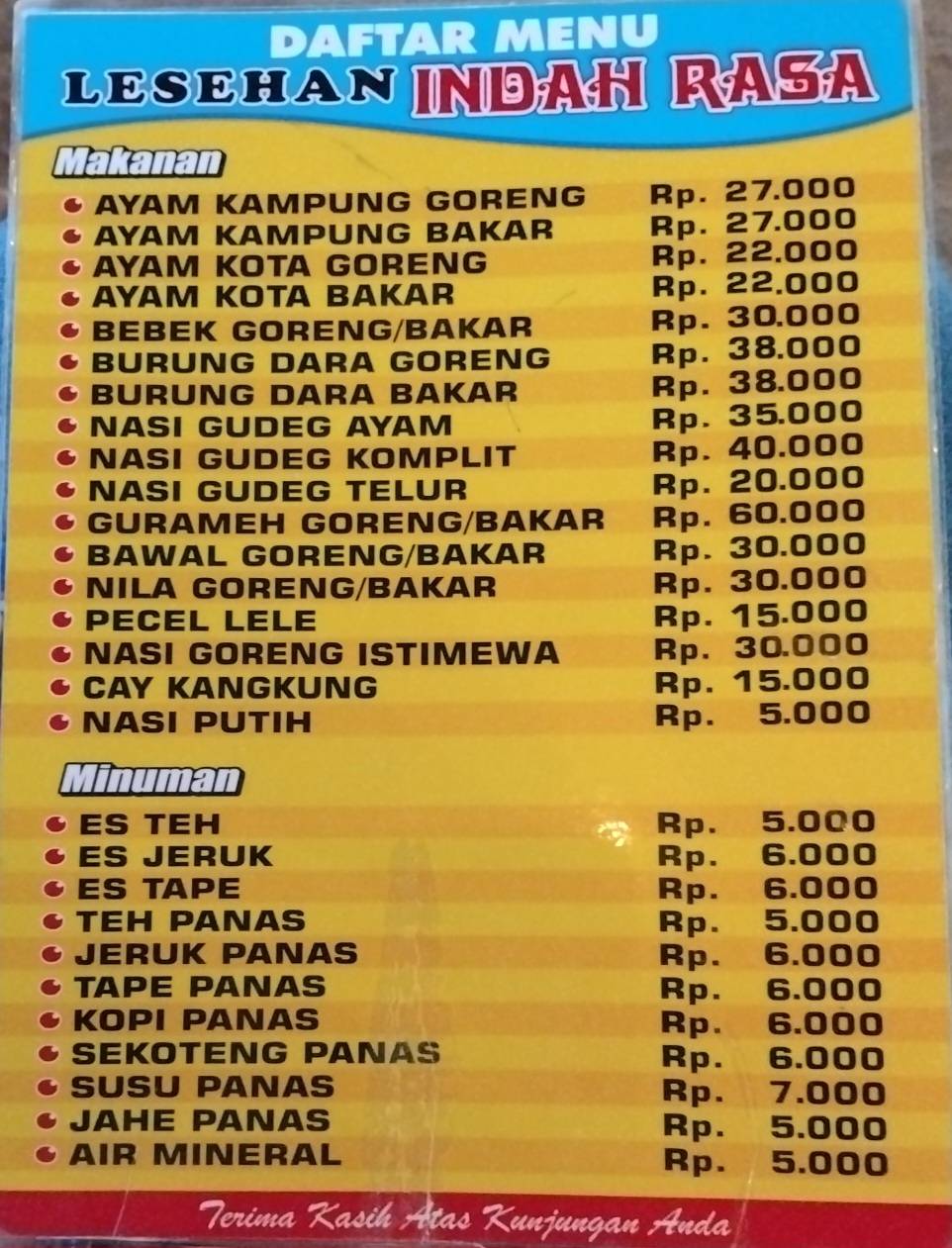 Menu at Lesehan Indah Rasa teras malioboro 2 restaurant, Yogyakarta
