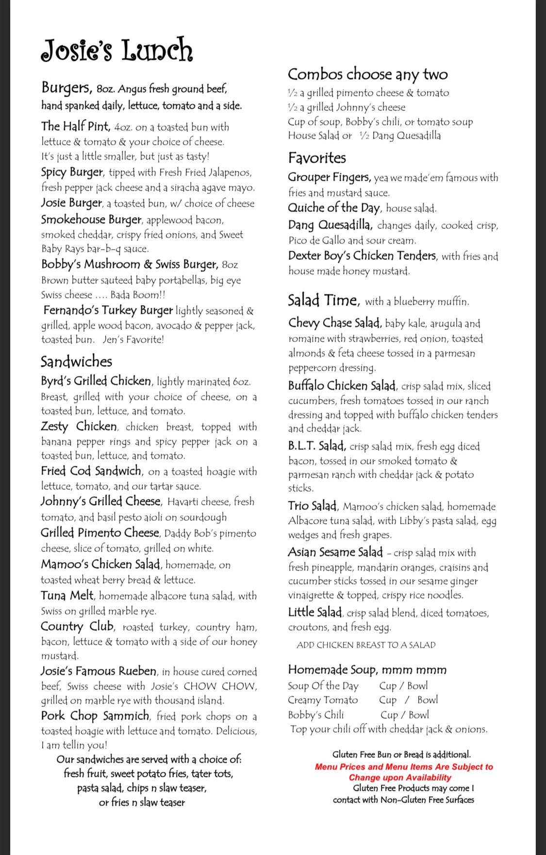 Menu at Josie's Restaurant, Lexington, 821 Chevy Chase Pl