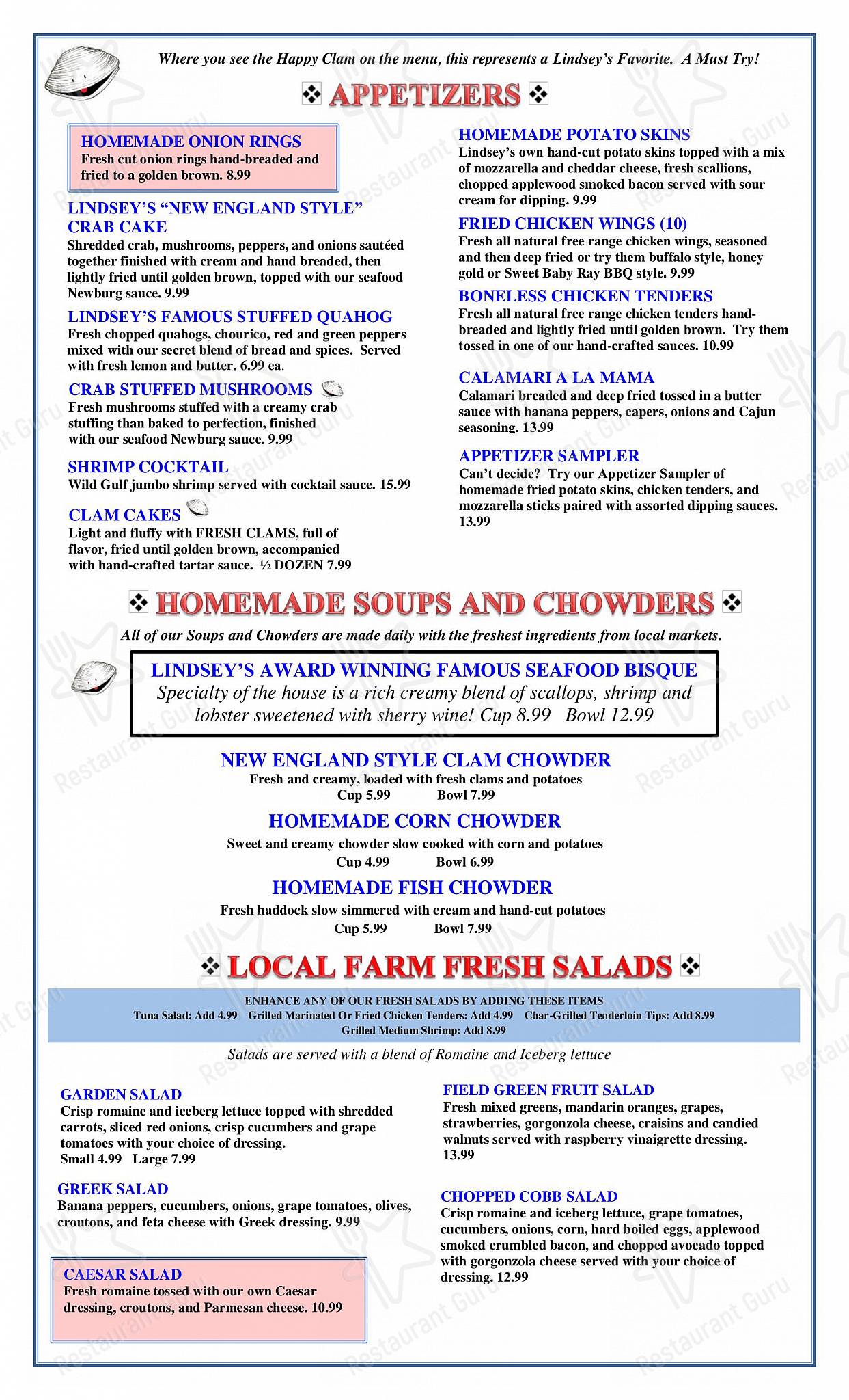 Menu at Lindsey's Family Restaurant, Wareham