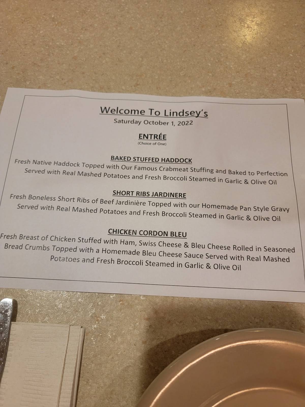 Menu at Lindsey's Family Restaurant, Wareham