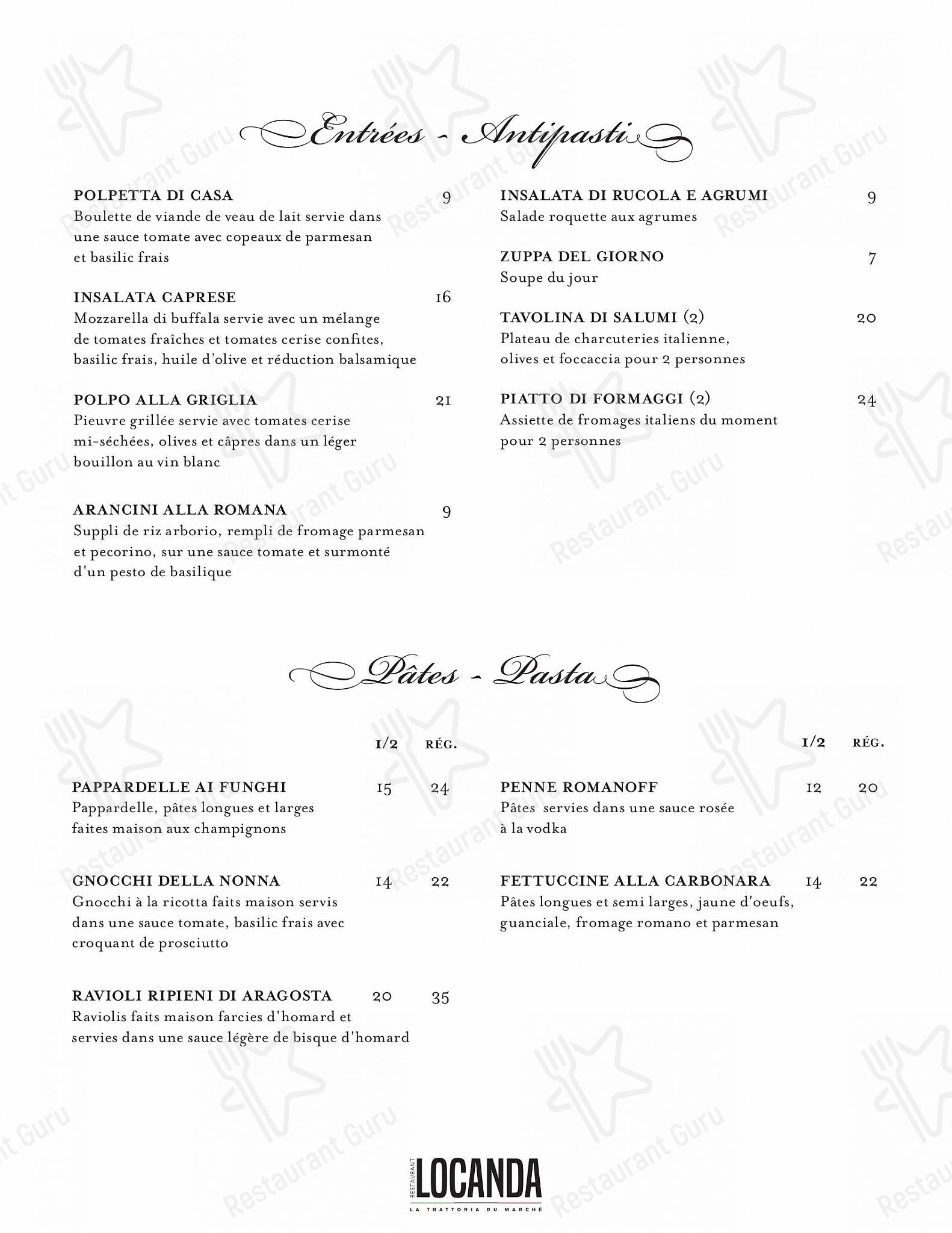 Dinner Menu pour Restaurant Locanda restaurant
