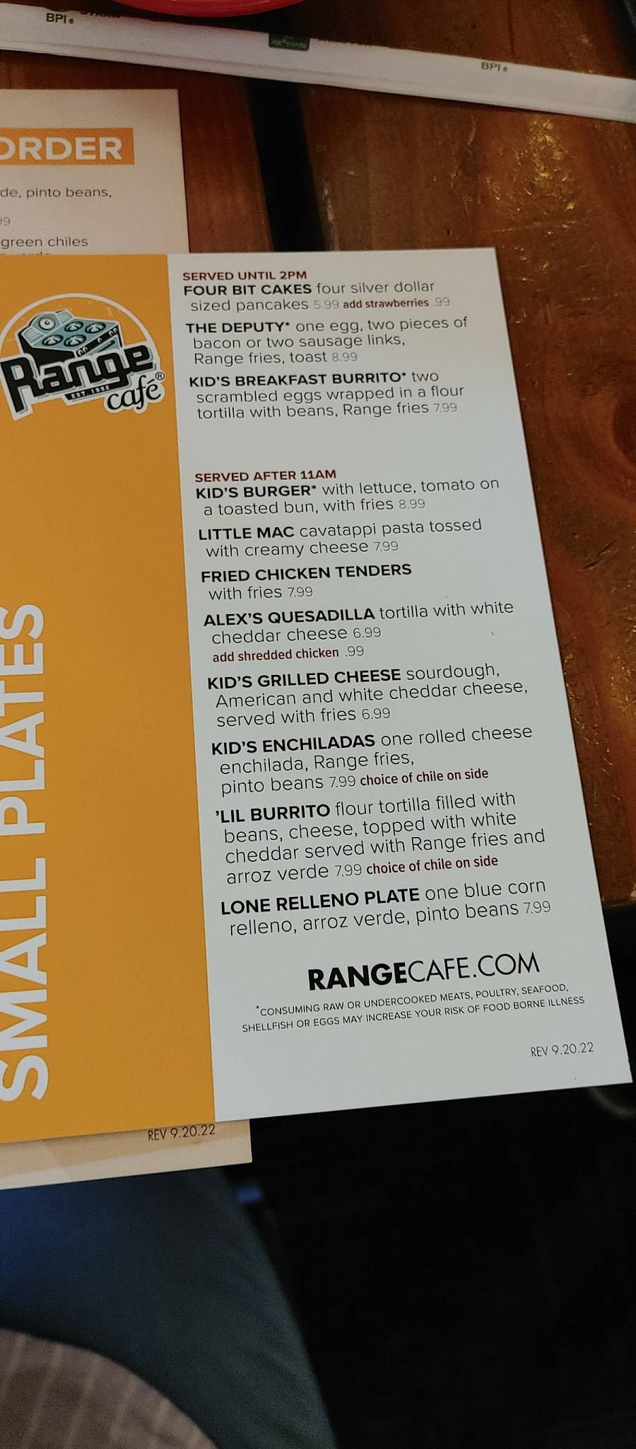 Menu at Range Cafe Los Lunas, Los Lunas