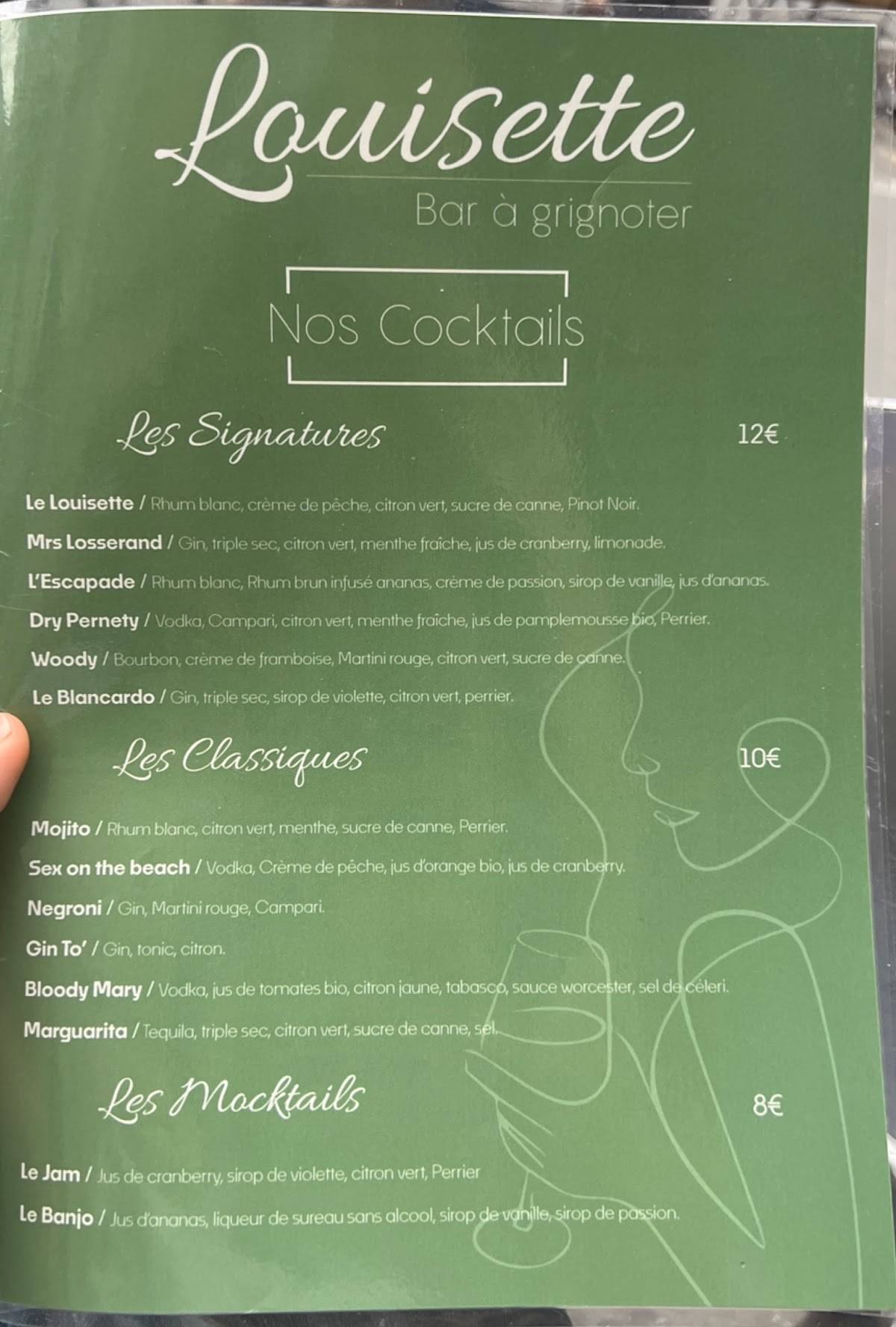 Menu de Louisette bar à grignoter Paris 14ème