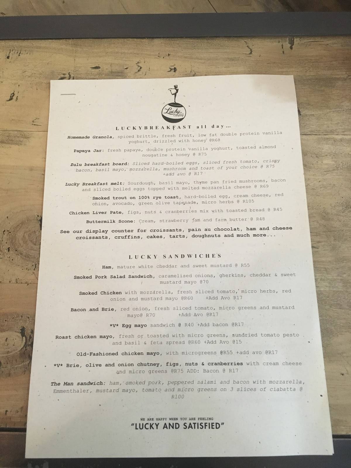 Menu at Lucky Bread Company Brooklyn Mall cafe, Pretoria