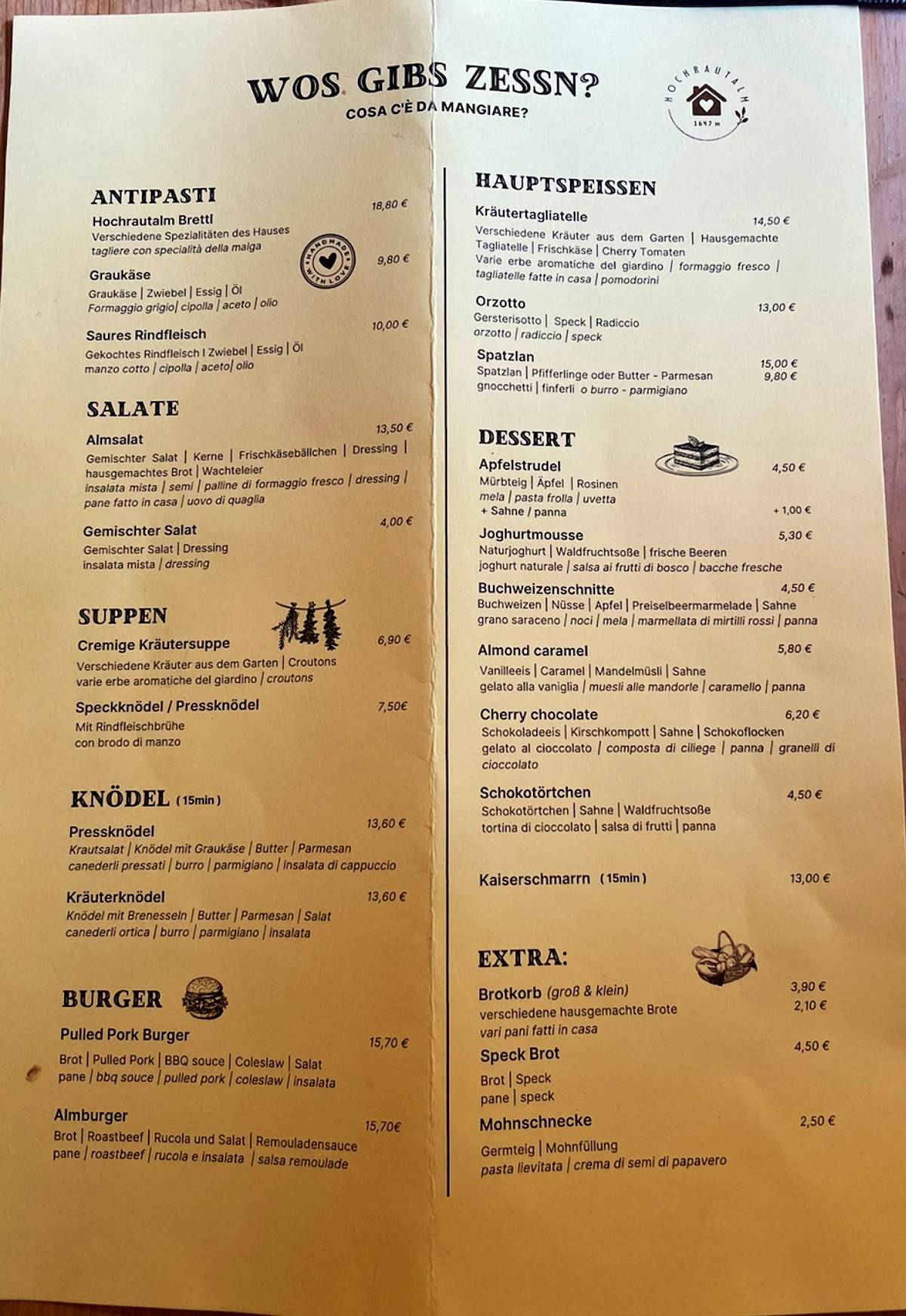 Menu di Malga Hochrautalm 