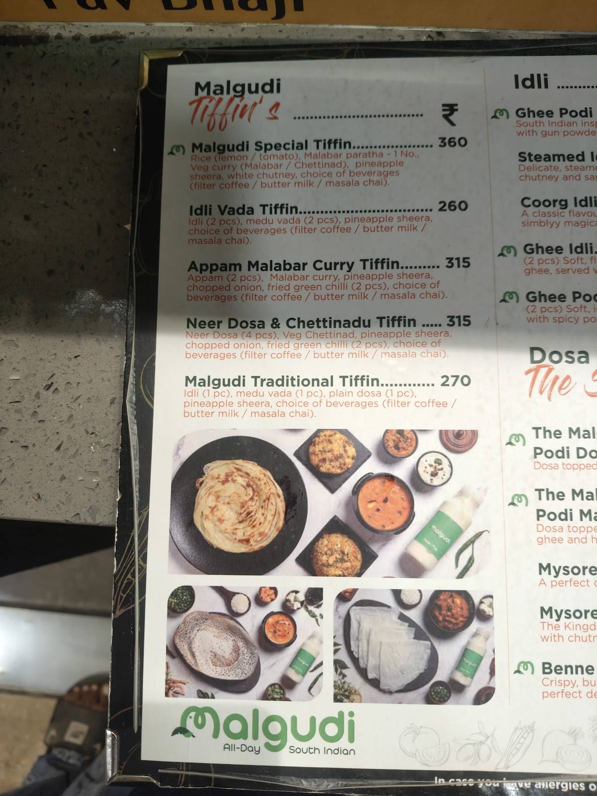Malgudi restaurant menu
