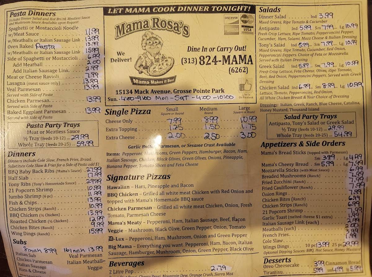 Menu at Mama Rosa's Pizzeria, Grosse Pointe Park