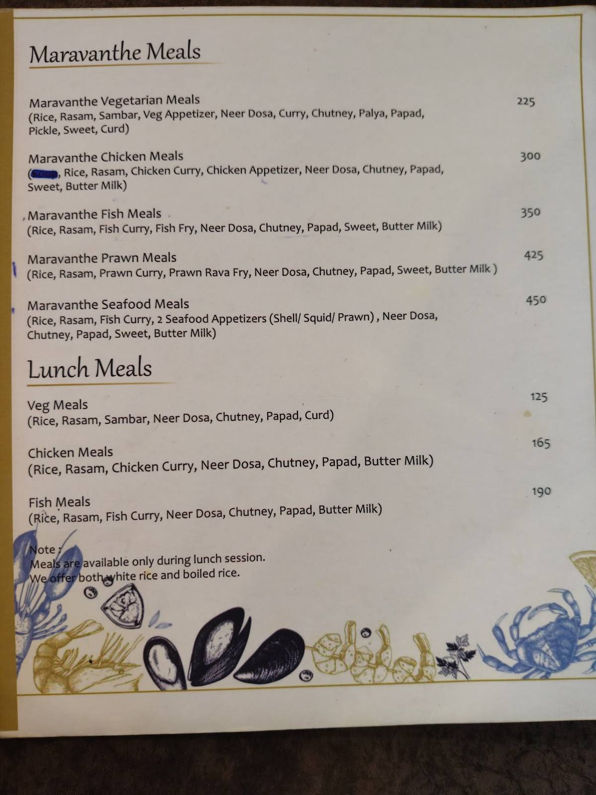 Maravanthe Coastal Cuisine menu