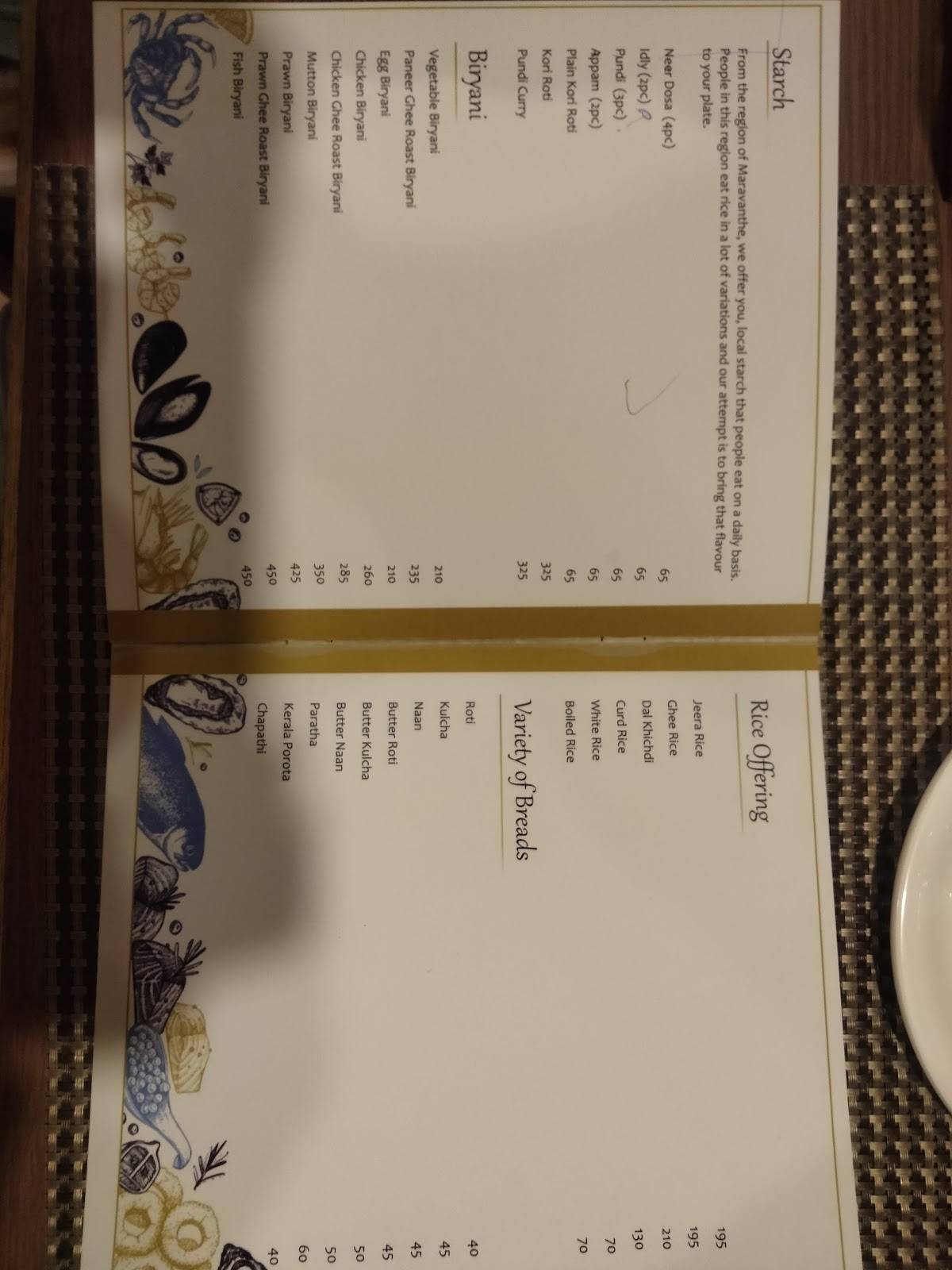 Maravanthe Coastal Cuisine menu