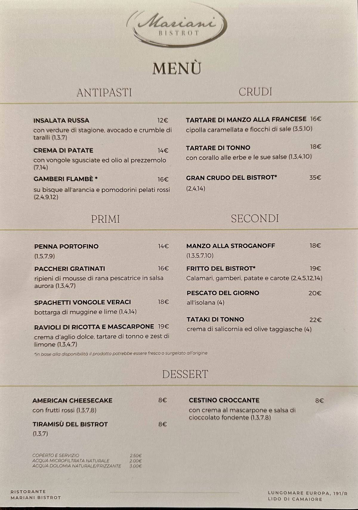 Menu di Mariani Bistrot
