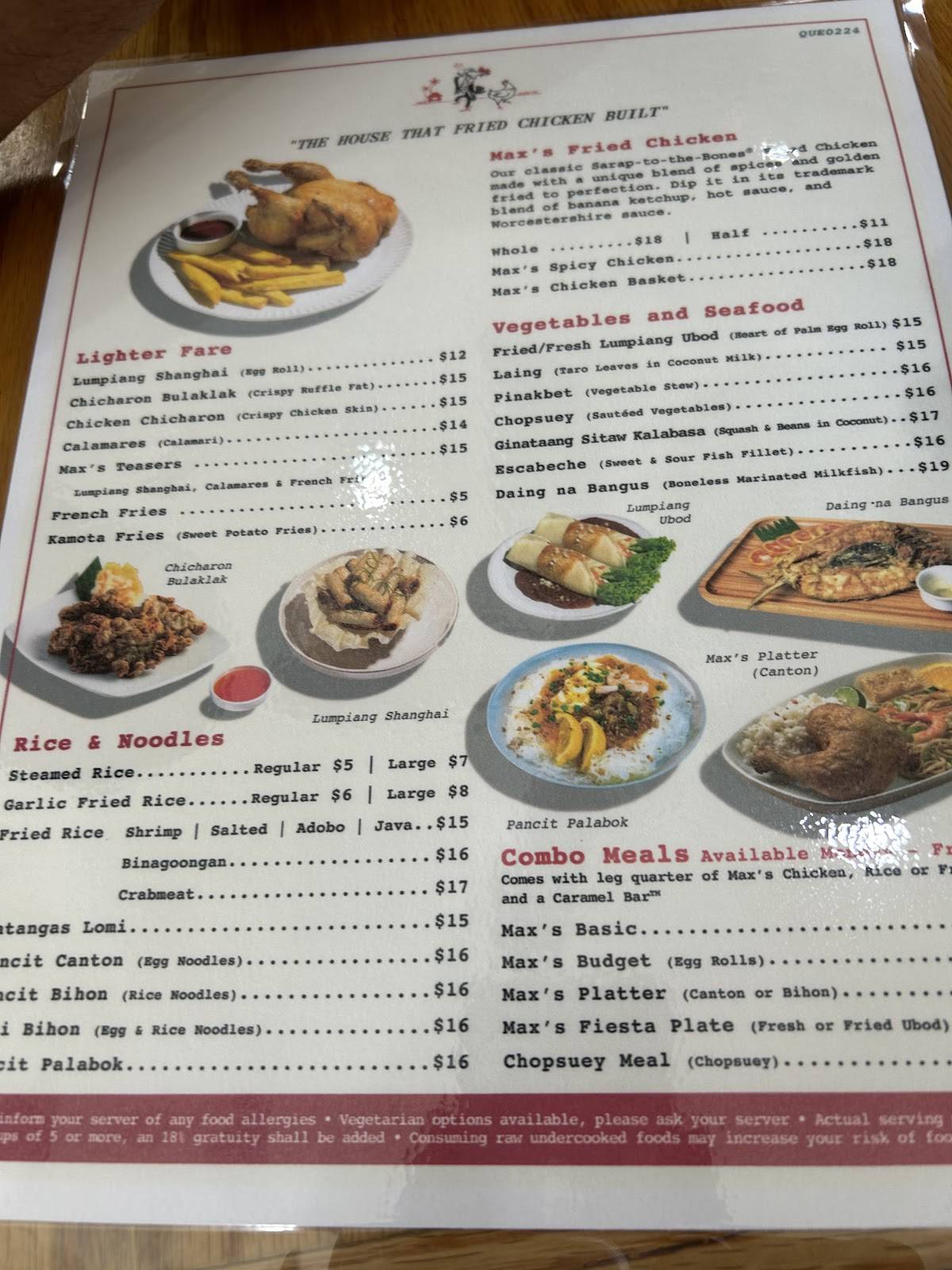 Menu at Max's Restaurant, Cuisine of the Philippines, New York City