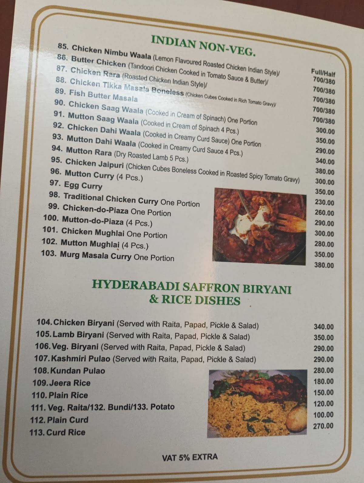 Mayur Restaurant menu