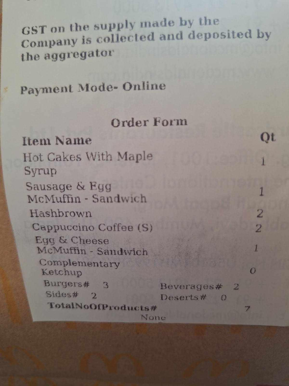 McDonald's menu