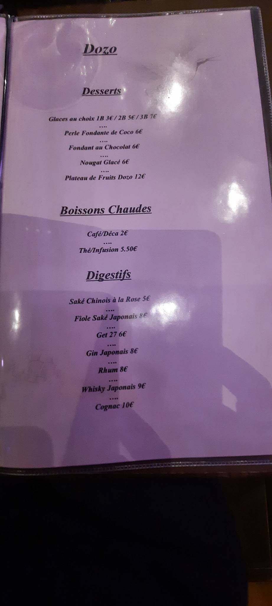 Menu de Dozo