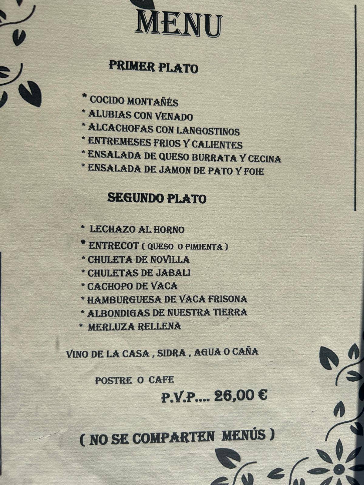 Menu at Mesón Río Argoza restaurant, Bárcena Mayor