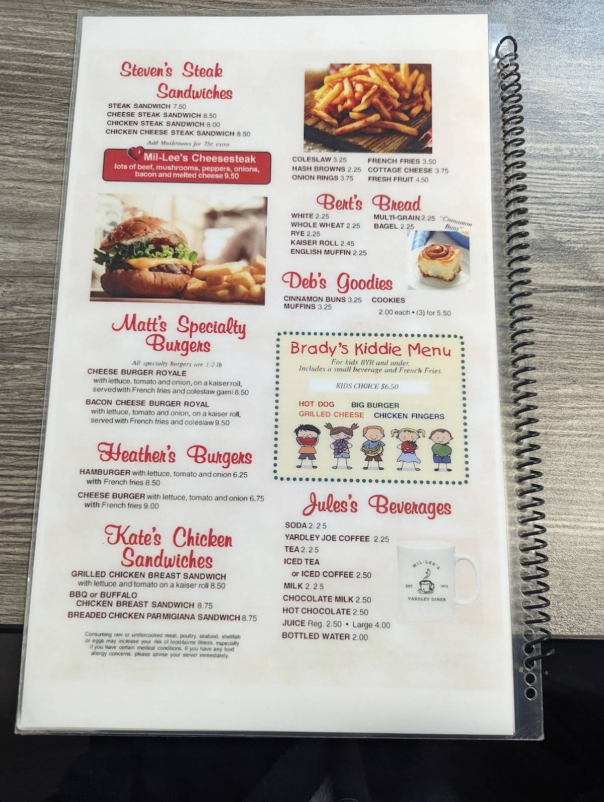 Menu at MilLee's Diner restaurant, Yardley