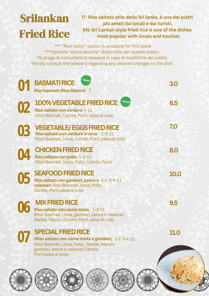 Menu de Ceylon Restaurant Sri Lankan & Indian Cuisine Milano Piazza Firenze