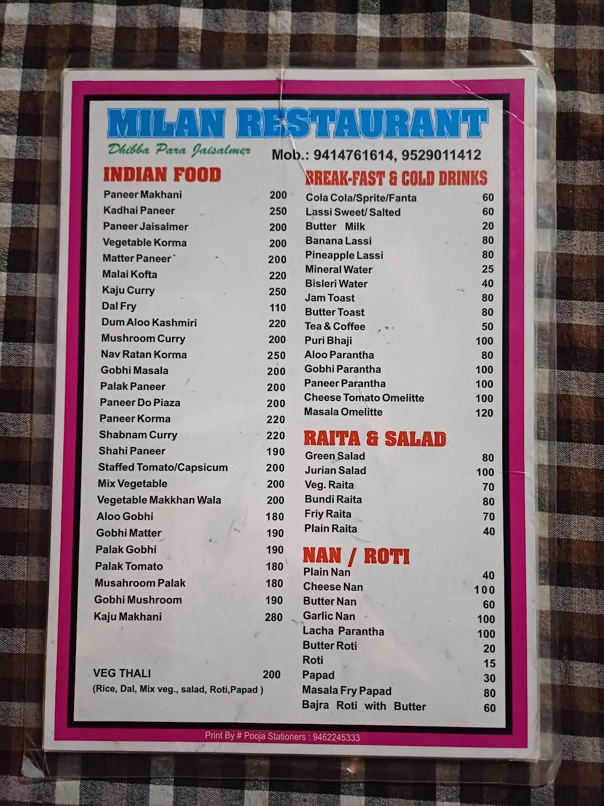 Milan restaurant menu