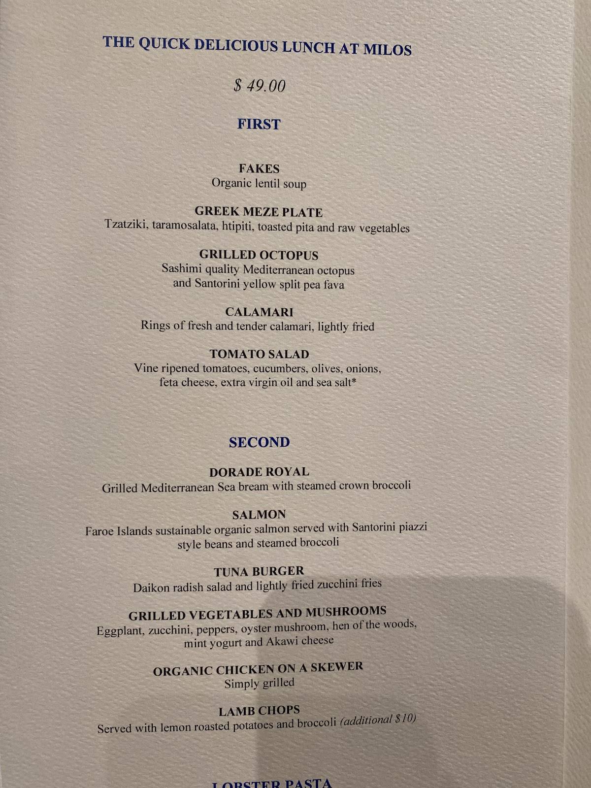 Menu de Milos Montréal
