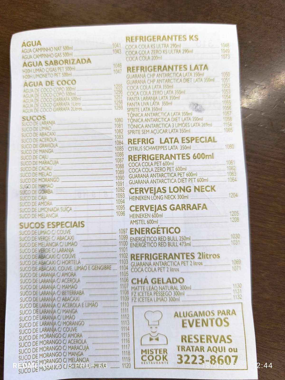 Mister Cook cardápio