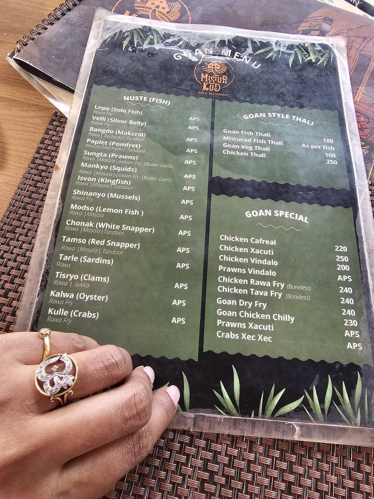 Mistur Kud Family Restaurant with Bar - Best Seafood restaurant in old Goa menu