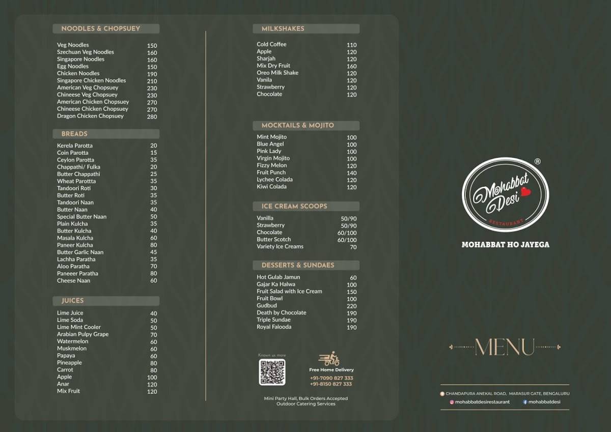 Mohabbat Desi Restaurant menu