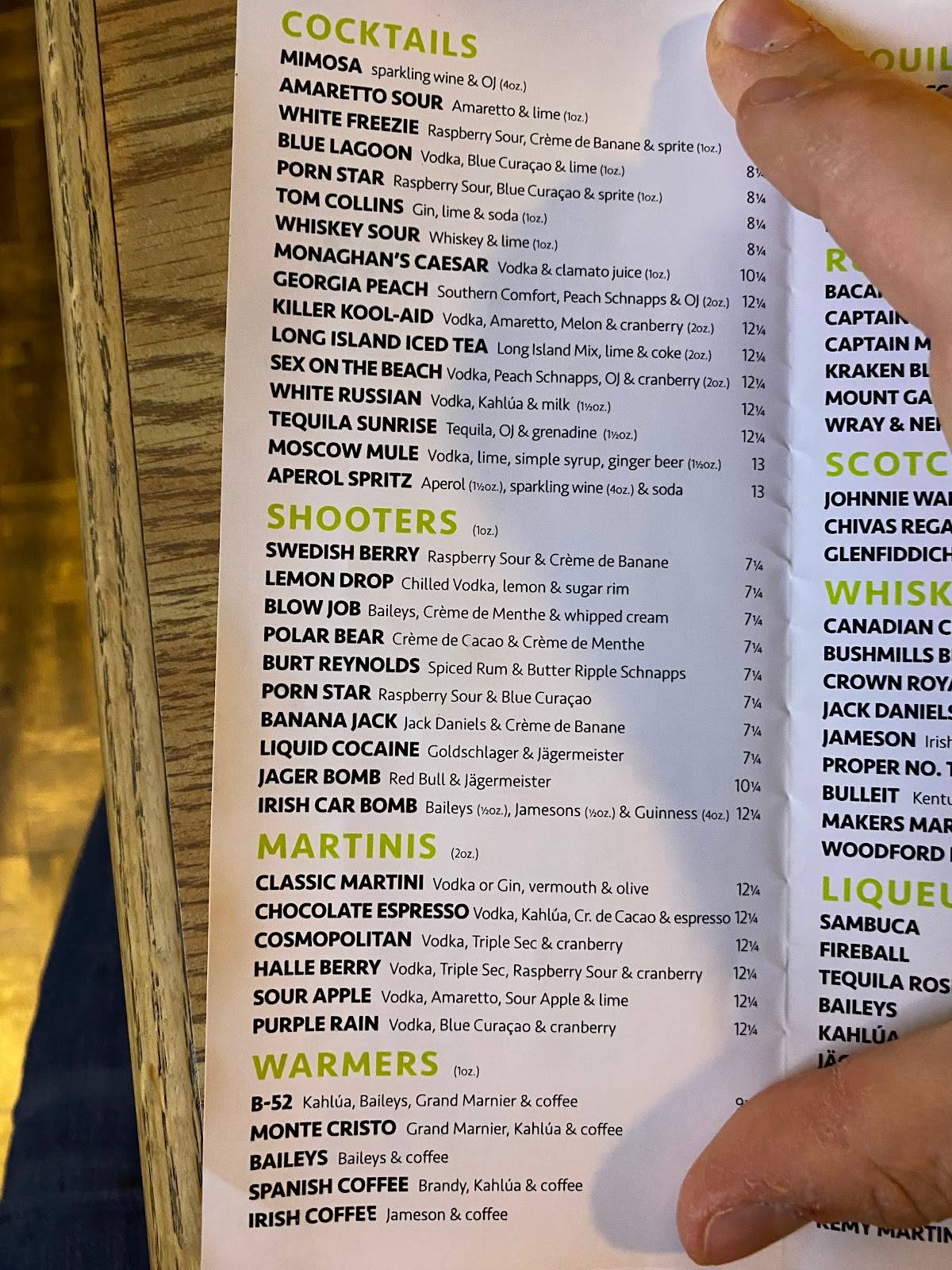 Menu de Monaghan's Sports Pub & Grill